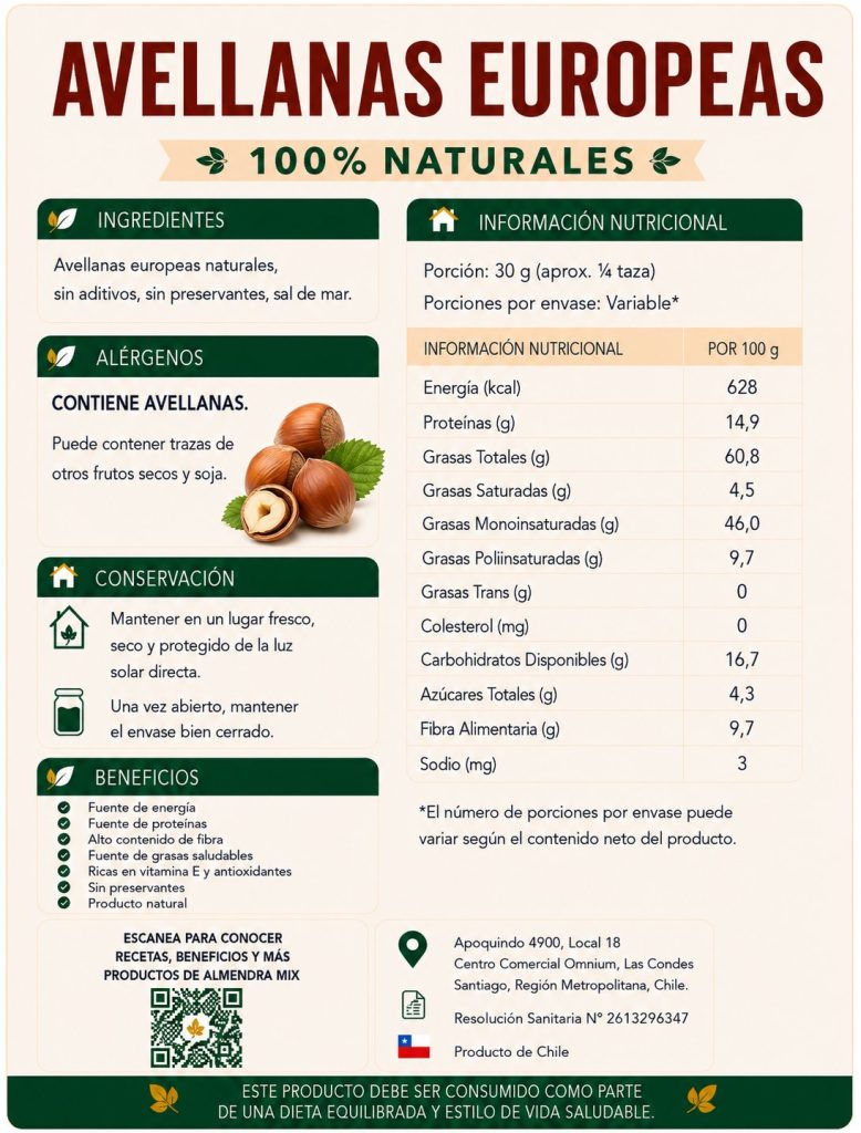 Etiqueta e información nutricional de Avellanas europeas