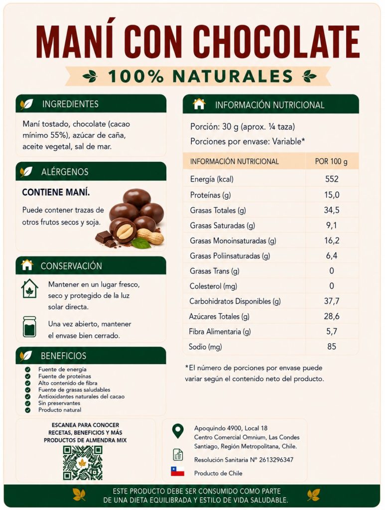 Etiqueta e información nutricional de Maní con chocolate