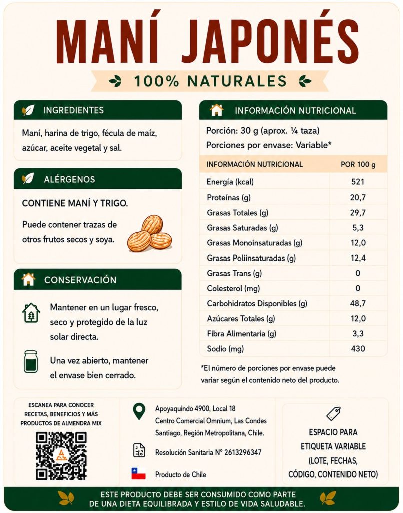 Etiqueta e información nutricional de Maní japonés
