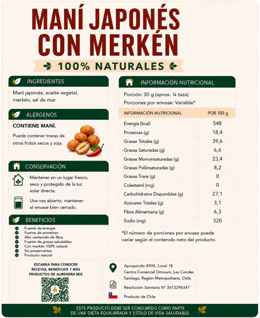 Etiqueta e información nutricional de Maní japonés con merkén