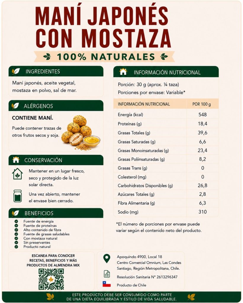 Etiqueta e información nutricional de Maní japonés con mostaza