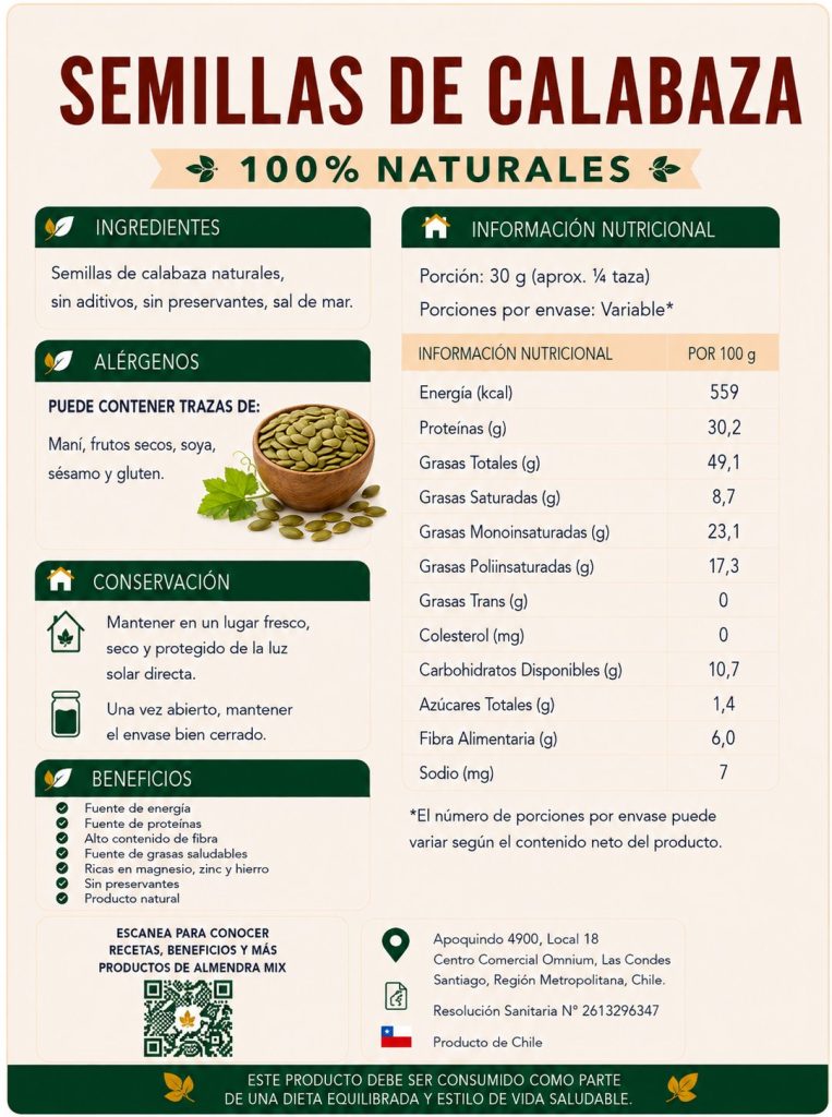 Etiqueta e información nutricional de Semillas de calabaza