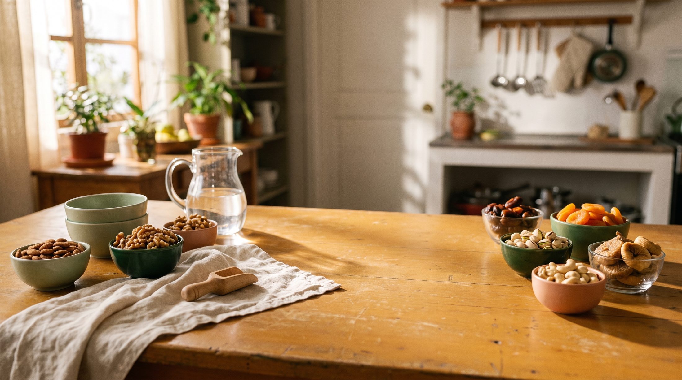 Mesa de madera con bowls de almendras, pistachos, castañas de cajú, higos y orejones, junto a una ventana